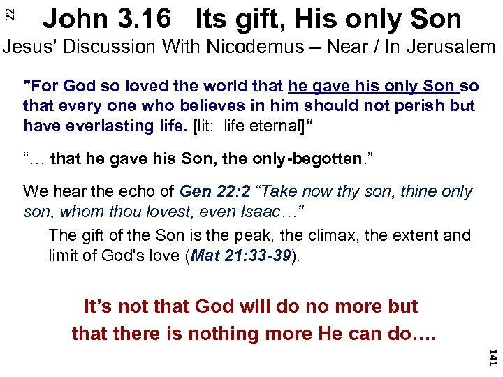 22 John 3. 16 Its gift, His only Son Jesus' Discussion With Nicodemus –