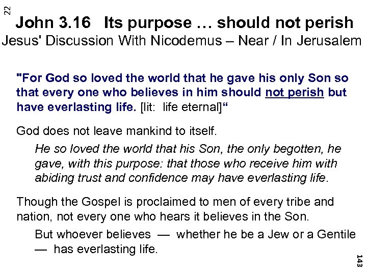 22 John 3. 16 Its purpose … should not perish Jesus' Discussion With Nicodemus