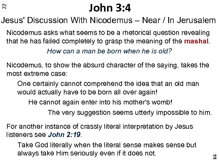 22 John 3: 4 Jesus' Discussion With Nicodemus – Near / In Jerusalem Nicodemus