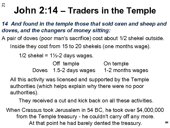 21 John 2: 14 – Traders in the Temple 14 And found in the
