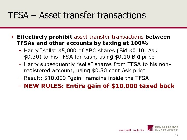 TFSA – Asset transfer transactions § Effectively prohibit asset transfer transactions between TFSAs and
