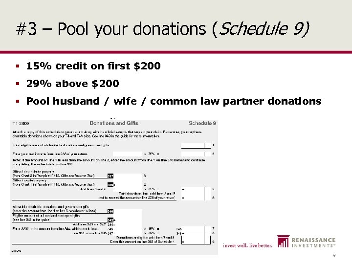 #3 – Pool your donations (Schedule 9) § 15% credit on first $200 §
