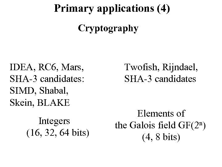 Primary applications (4) Cryptography IDEA, RC 6, Mars, SHA-3 candidates: SIMD, Shabal, Skein, BLAKE