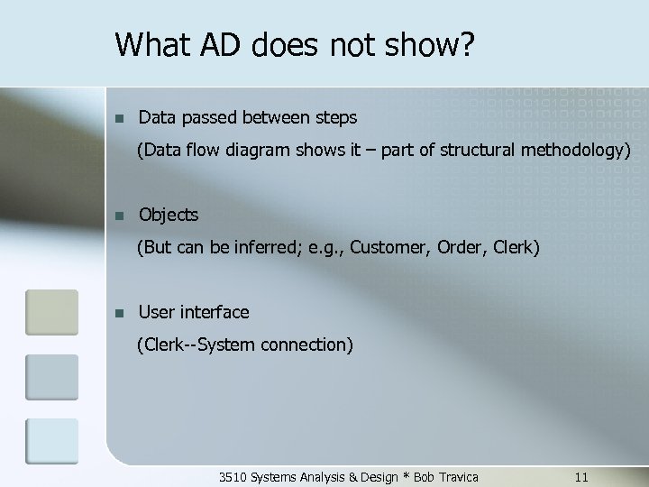 What AD does not show? n Data passed between steps (Data flow diagram shows