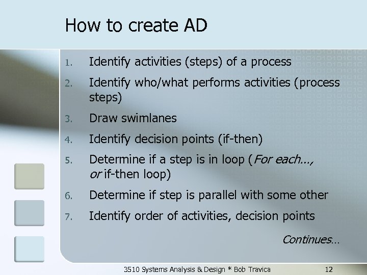 How to create AD 1. Identify activities (steps) of a process 2. Identify who/what