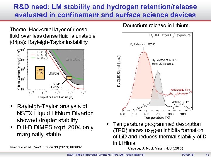 R&D need: LM stability and hydrogen retention/release evaluated in confinement and surface science devices