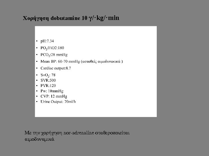 Χορήγηση dobutamine 10 γ/·kg/·min Με την χορήγηση nor-adrenaline σταθεροποιείται αιμοδυναμικά 