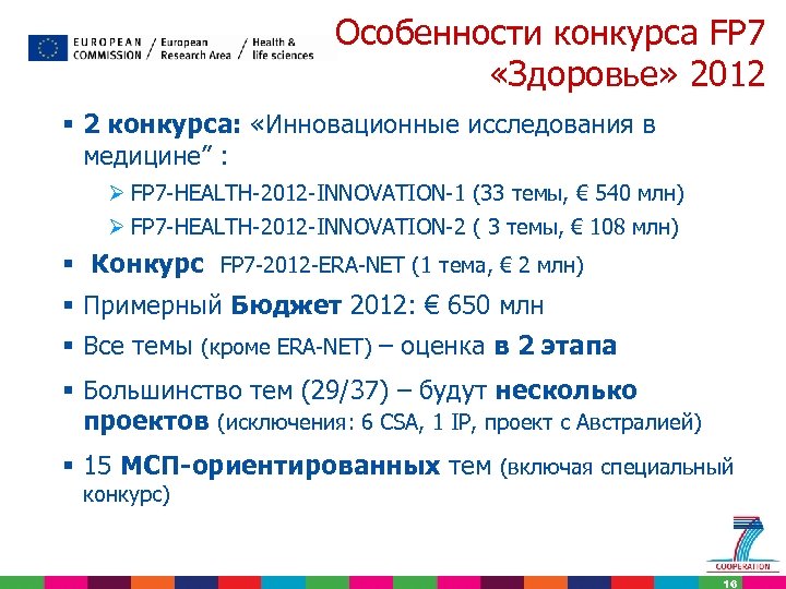 Особенности конкурса FP 7 «Здоровье» 2012 § 2 конкурса: «Инновационные исследования в медицине” :