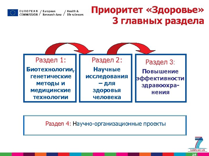 Приоритет «Здоровье» 3 главных раздела Раздел 1: Раздел 2: Биотехнологии, генетические методы и медицинские