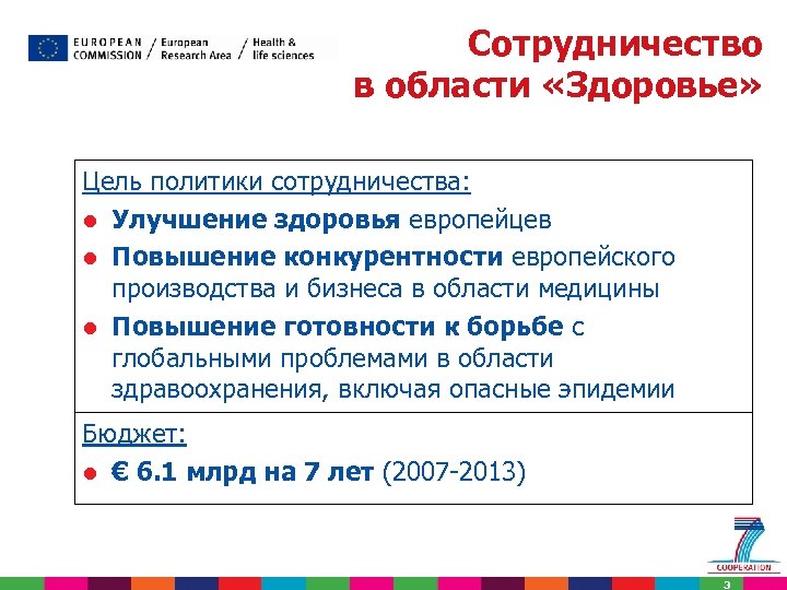 Сотрудничество в области «Здоровье» Цель политики сотрудничества: l Улучшение здоровья европейцев l Повышение конкурентности