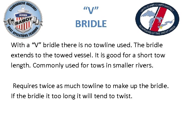“V” BRIDLE With a “V” bridle there is no towline used. The bridle extends