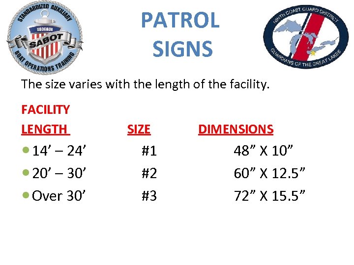 PATROL SIGNS The size varies with the length of the facility. FACILITY LENGTH 14’