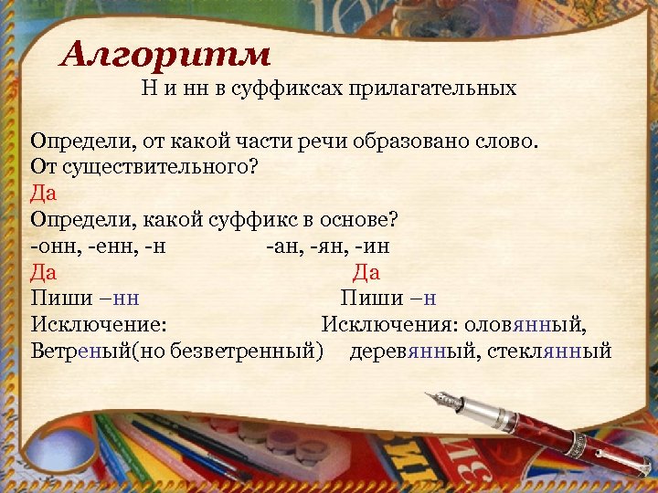 Алгоритм Н и нн в суффиксах прилагательных Определи, от какой части речи образовано слово.