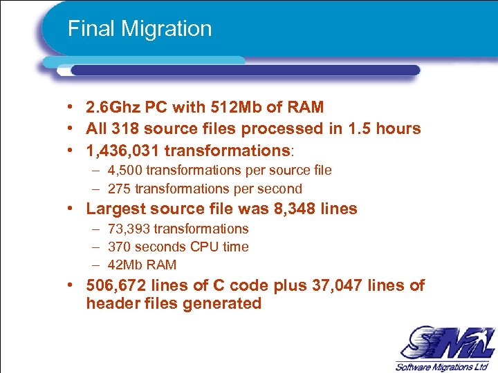 Final Migration • 2. 6 Ghz PC with 512 Mb of RAM • All