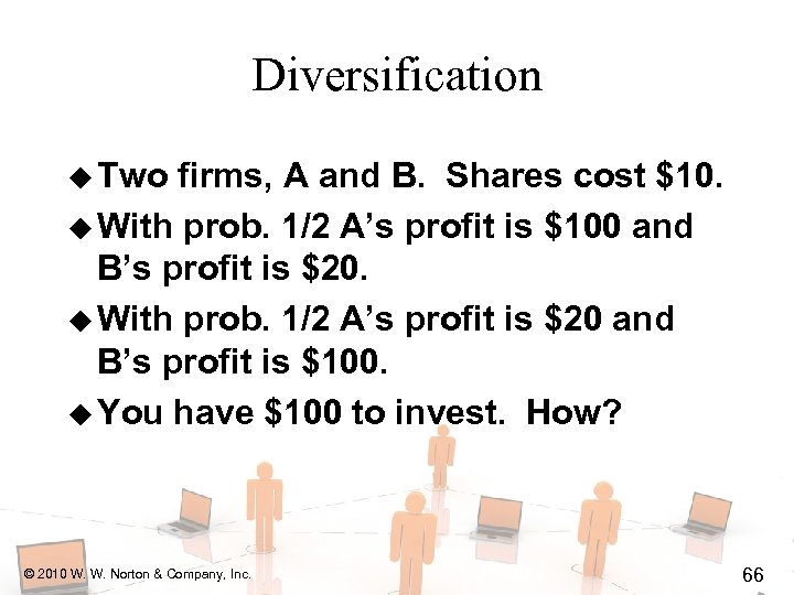 Diversification u Two firms, A and B. Shares cost $10. u With prob. 1/2