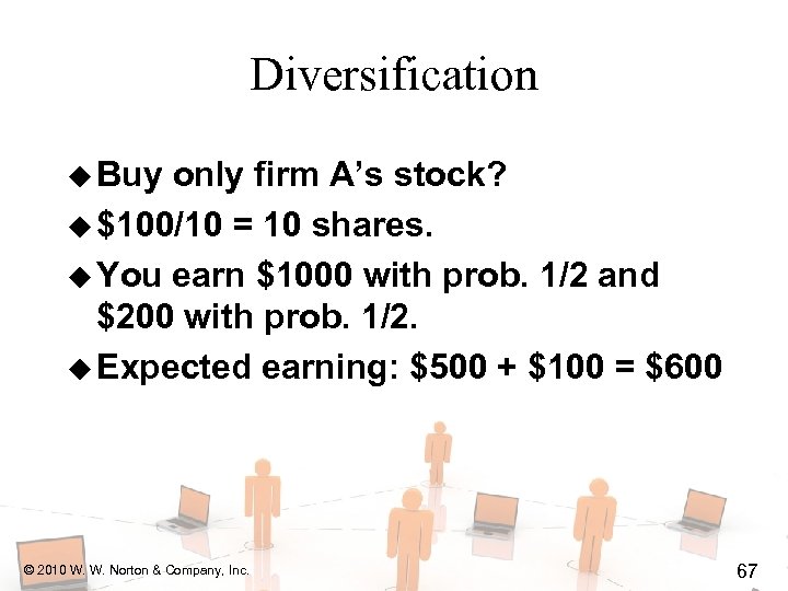 Diversification u Buy only firm A’s stock? u $100/10 = 10 shares. u You
