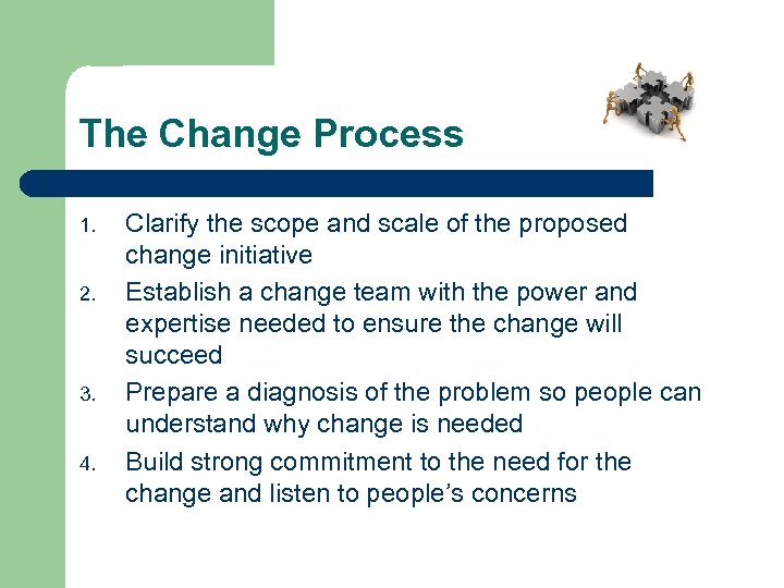 The Change Process 1. 2. 3. 4. Clarify the scope and scale of the