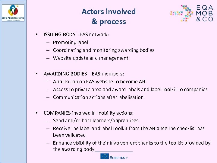 Actors involved & process • ISSUING BODY - EAS network: – Promoting label –