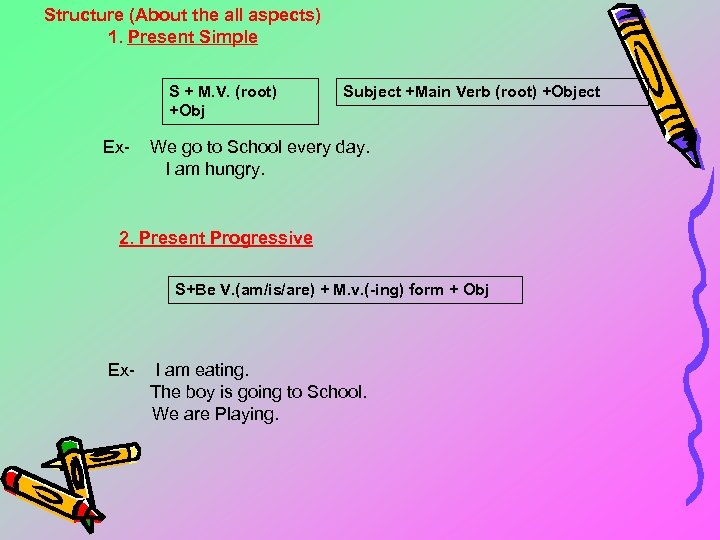 Structure (About the all aspects) 1. Present Simple S + M. V. (root) +Obj