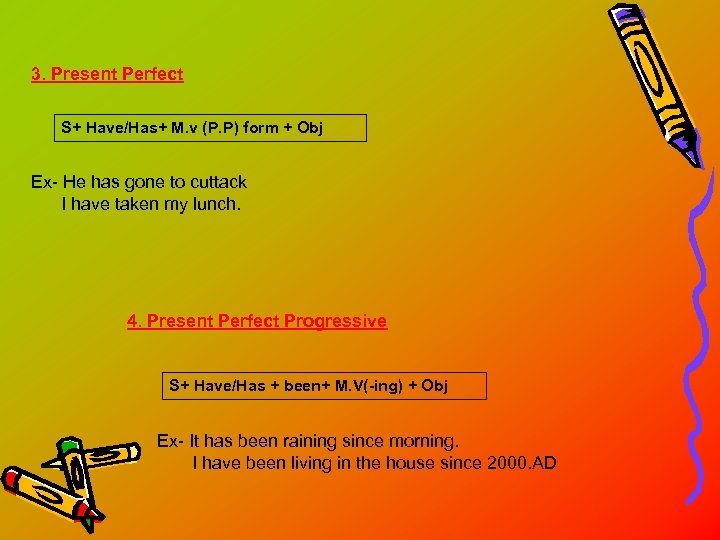 3. Present Perfect S+ Have/Has+ M. v (P. P) form + Obj Ex- He