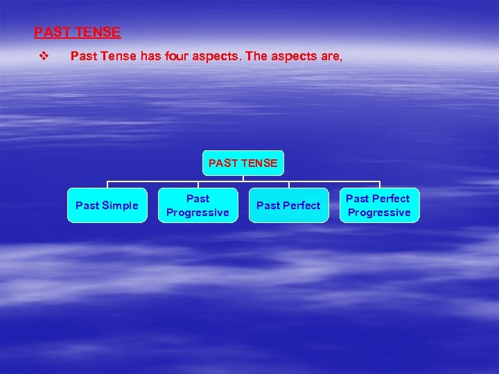 PAST TENSE v Past Tense has four aspects. The aspects are, PAST TENSE Past
