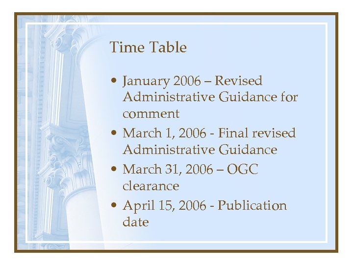 Time Table • January 2006 – Revised Administrative Guidance for comment • March 1,