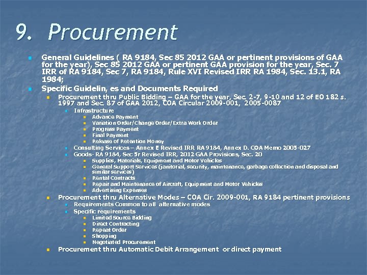 9. Procurement n n General Guidelines ( RA 9184, Sec 85 2012 GAA or