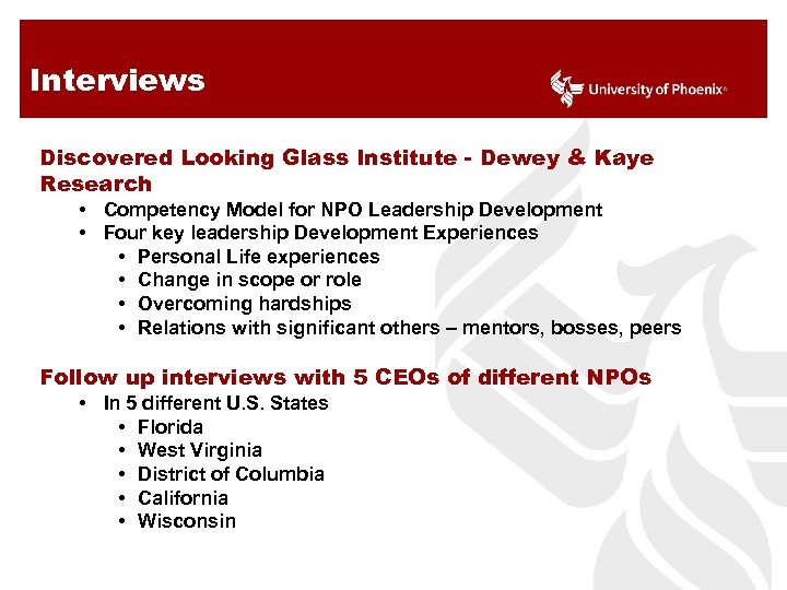 Interviews Discovered Looking Glass Institute - Dewey & Kaye Research • Competency Model for