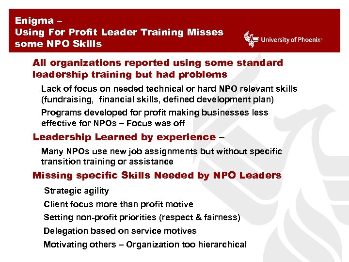 Enigma – Using For Profit Leader Training Misses some NPO Skills All organizations reported