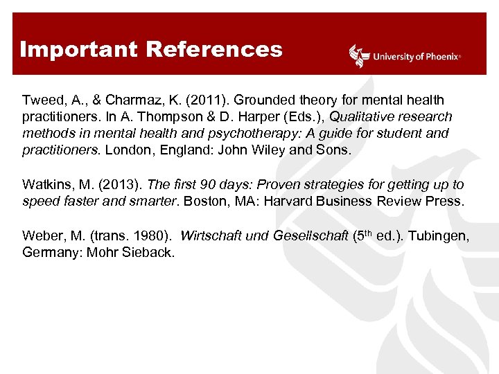 Important References Tweed, A. , & Charmaz, K. (2011). Grounded theory for mental health