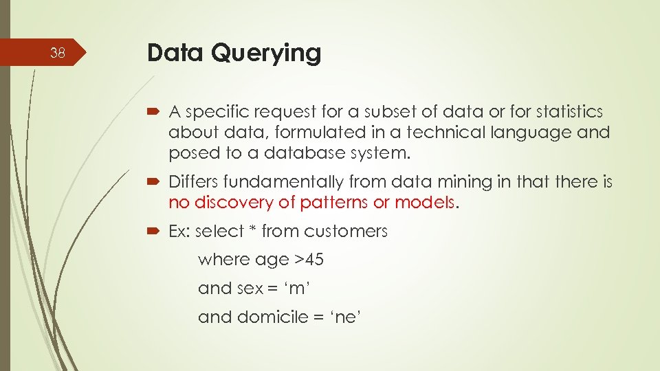 38 Data Querying A specific request for a subset of data or for statistics