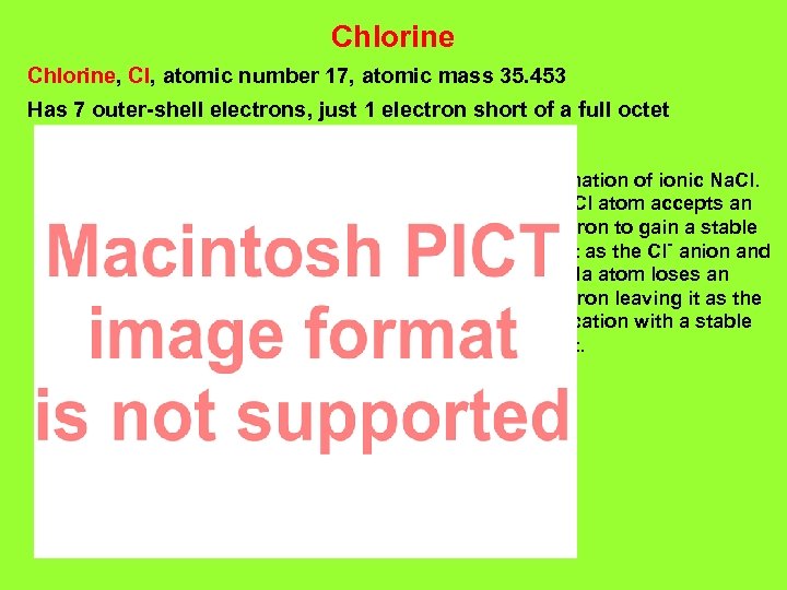 Chlorine, Cl, atomic number 17, atomic mass 35. 453 Has 7 outer-shell electrons, just