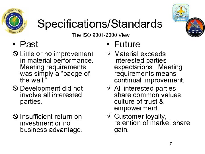 Specifications/Standards The ISO 9001 -2000 View • Past • Future X Little or no