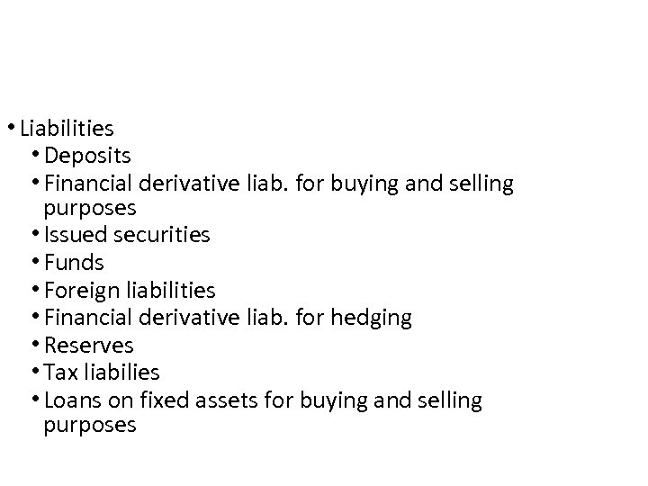  • Liabilities • Deposits • Financial derivative liab. for buying and selling purposes