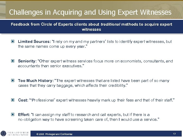 Challenges in Acquiring and Using Expert Witnesses Feedback from Circle of Experts clients about