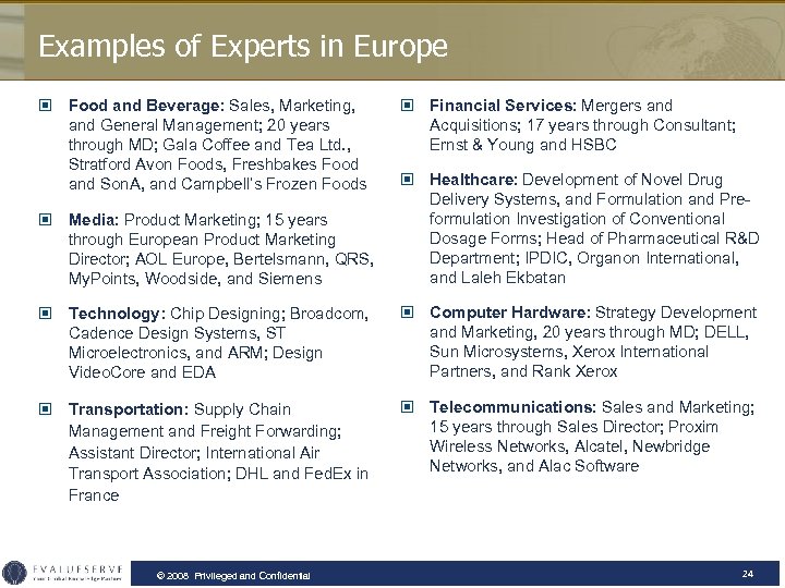 Examples of Experts in Europe © Food and Beverage: Sales, Marketing, and General Management;