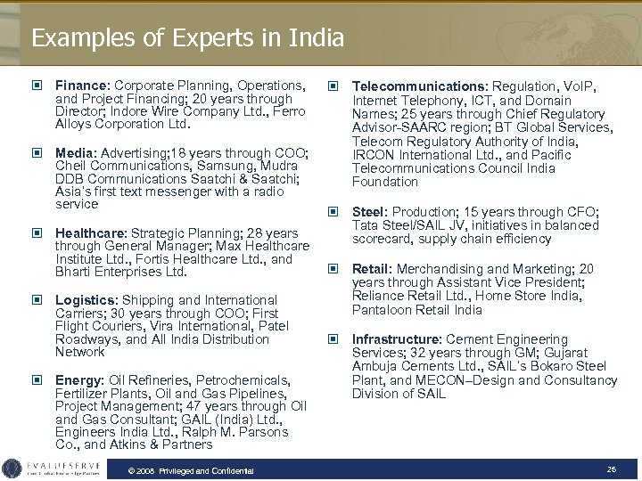 Examples of Experts in India © Finance: Corporate Planning, Operations, and Project Financing; 20