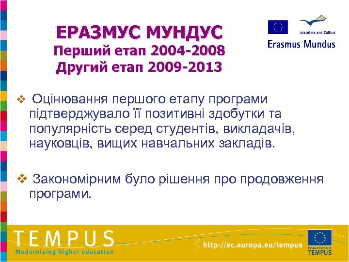 ЕРАЗМУС МУНДУС Перший етап 2004 -2008 Другий етап 2009 -2013 v Оцінювання першого етапу