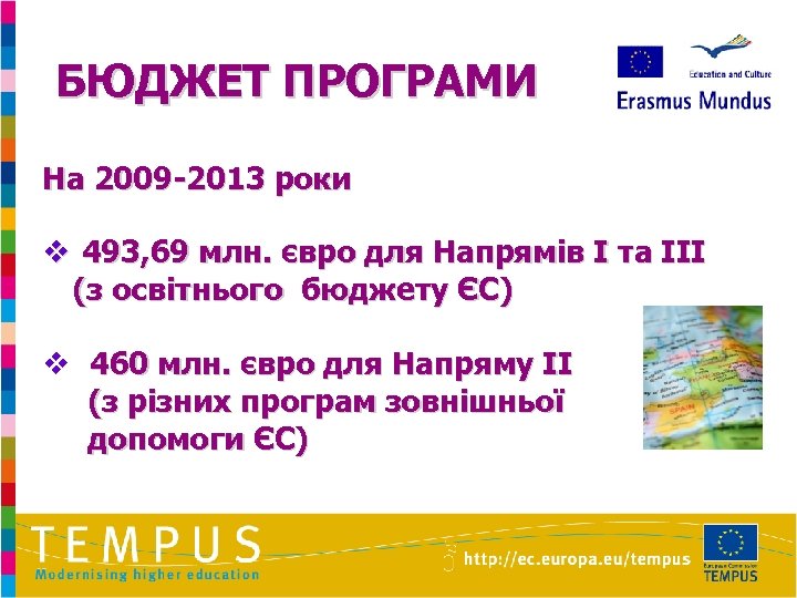 БЮДЖЕТ ПРОГРАМИ На 2009 -2013 роки v 493, 69 млн. євро для Напрямів I