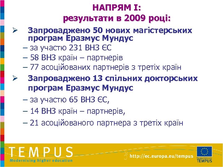 НАПРЯМ I: результати в 2009 році: Запроваджено 50 нових магістерських програм Еразмус Мундус –