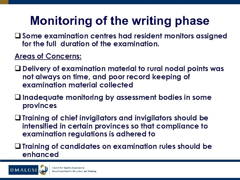 Monitoring of the writing phase q Some examination centres had resident monitors assigned for