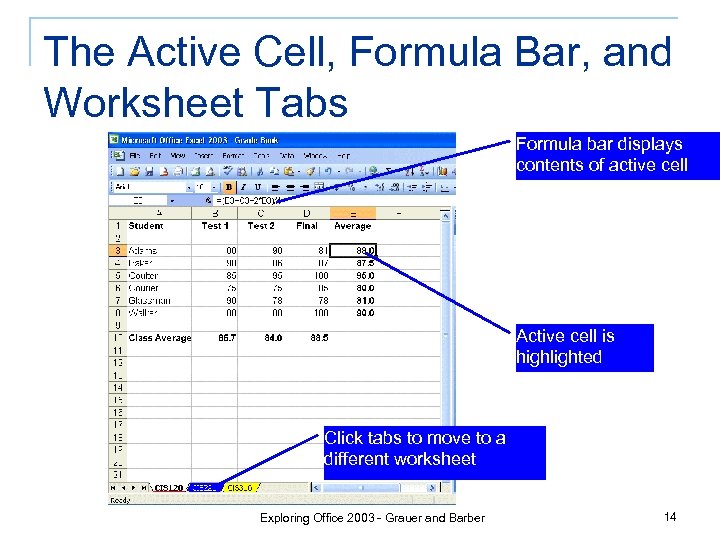 The Active Cell, Formula Bar, and Worksheet Tabs Formula bar displays contents of active