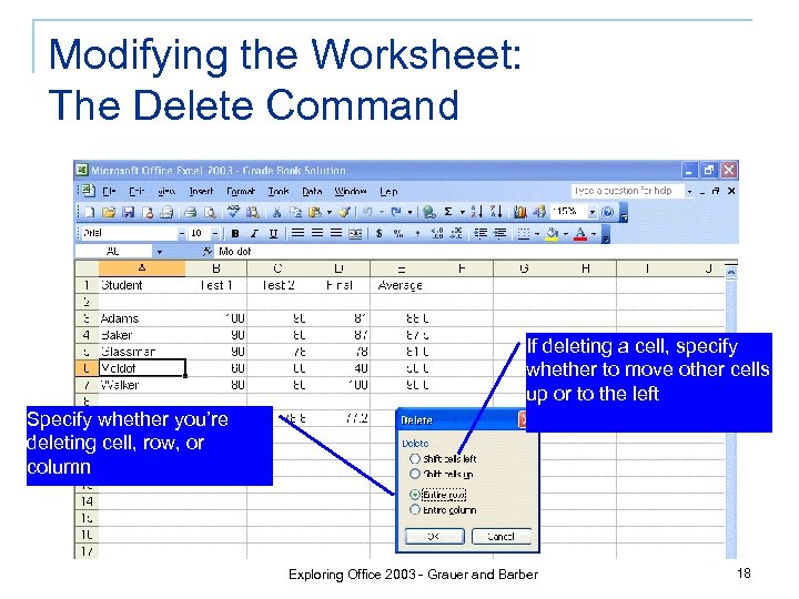 Modifying the Worksheet: The Delete Command If deleting a cell, specify whether to move