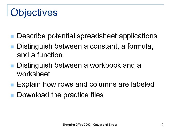 Objectives n n n Describe potential spreadsheet applications Distinguish between a constant, a formula,