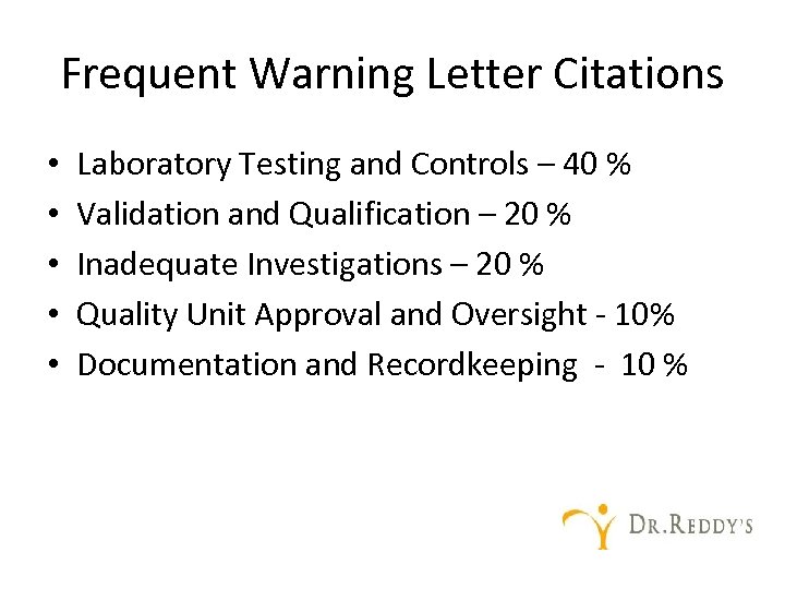 Frequent Warning Letter Citations • • • Laboratory Testing and Controls – 40 %