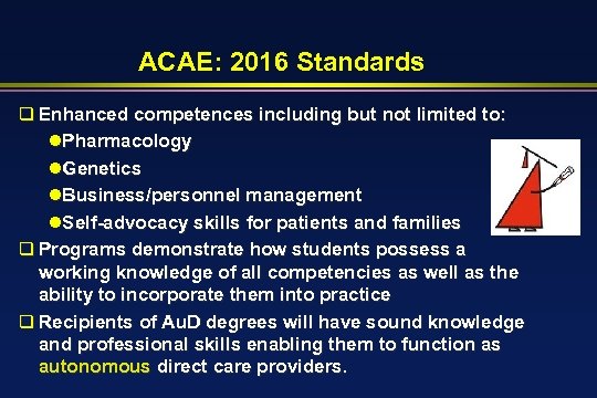 ACAE: 2016 Standards q Enhanced competences including but not limited to: l. Pharmacology l.