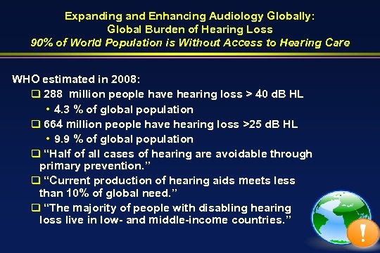 Expanding and Enhancing Audiology Globally: Global Burden of Hearing Loss 90% of World Population