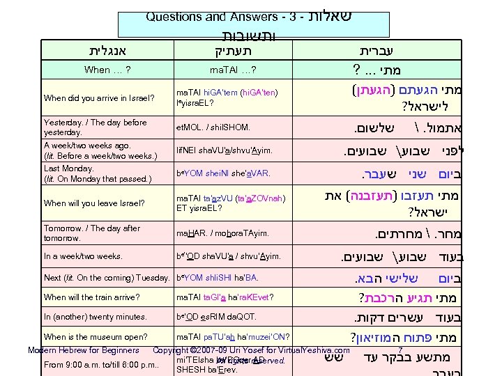 Questions and Answers - 3 - ותשובות אנגלית תעתיק When … ? ma. TAI