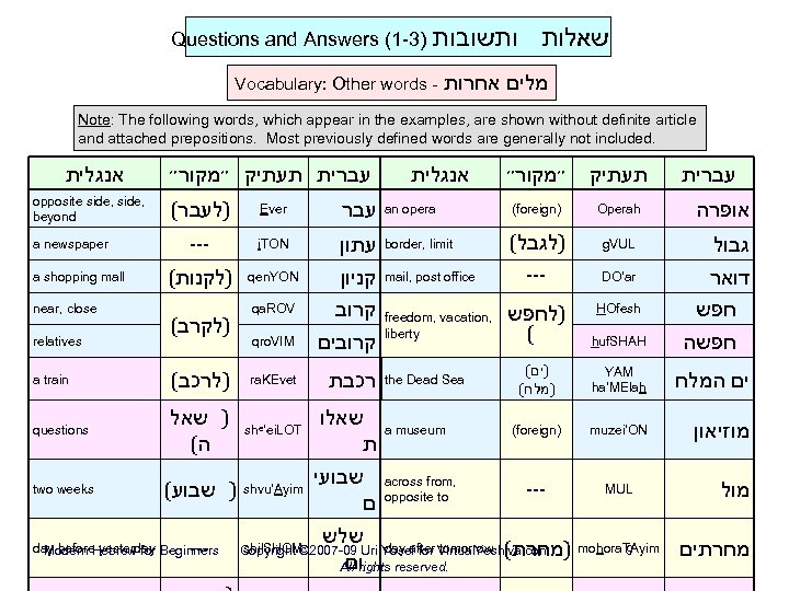 Questions and Answers (1 -3) ותשובות Vocabulary: Other words - שאלות מלים אחרות Note: