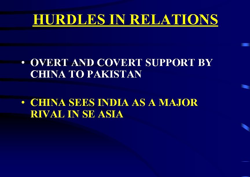 HURDLES IN RELATIONS • OVERT AND COVERT SUPPORT BY CHINA TO PAKISTAN • CHINA